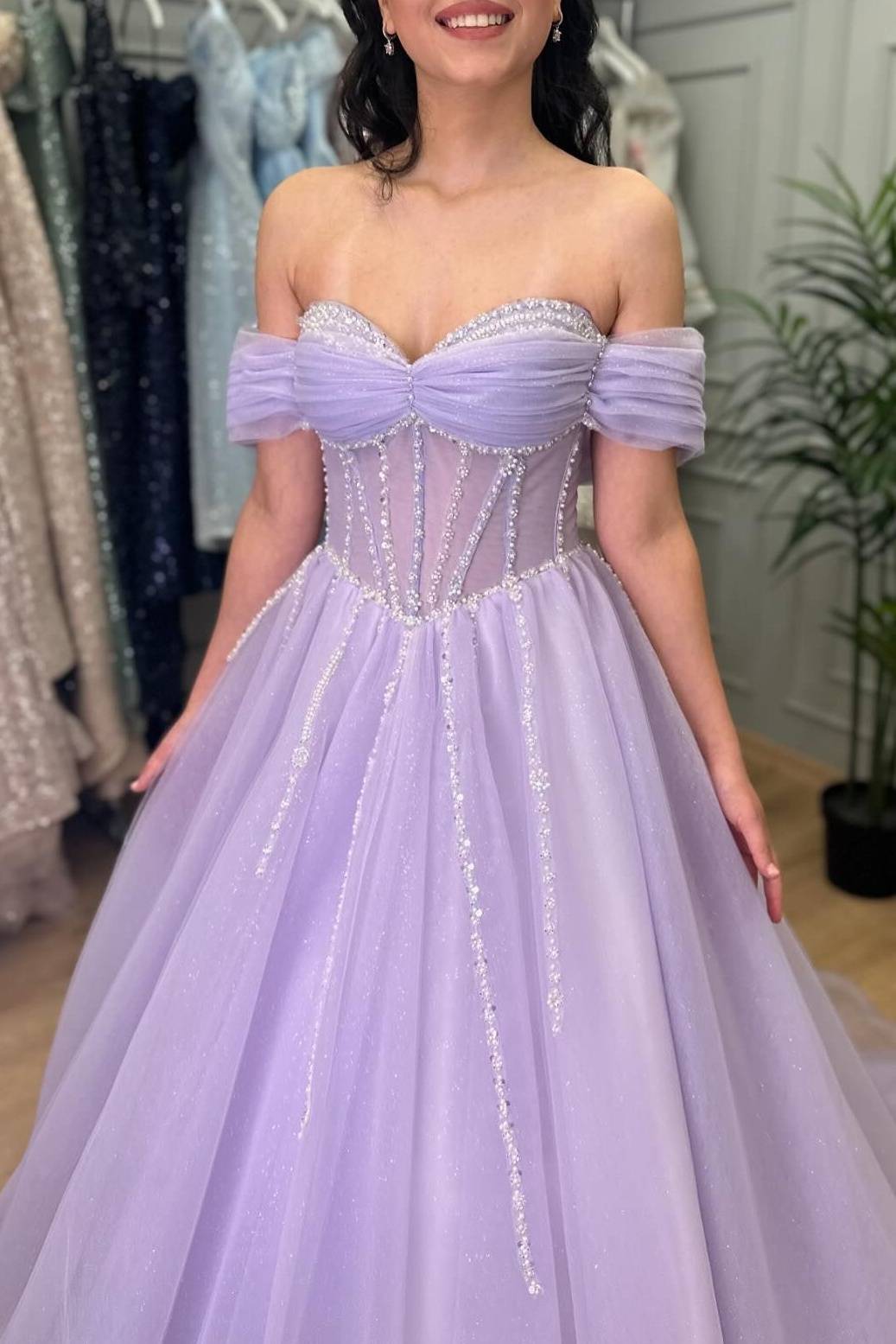 Off Shoulder Lavender Prom Dress A-Line Tulle with Beaded
