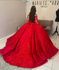 Off Shoulder Long Sleeve Red Satin Quinceanera Dresses Flowers Beaded