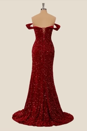 Off the Shoulder Sequin Burgundy Mermaid Prom Dresses Shiny - MyChicDress