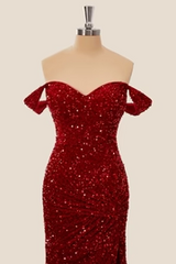 Off the Shoulder Sequin Burgundy Mermaid Prom Dresses Shiny - MyChicDress