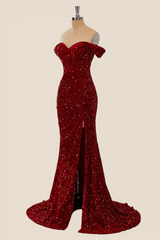 Off the Shoulder Sequin Burgundy Mermaid Prom Dresses Shiny - MyChicDress