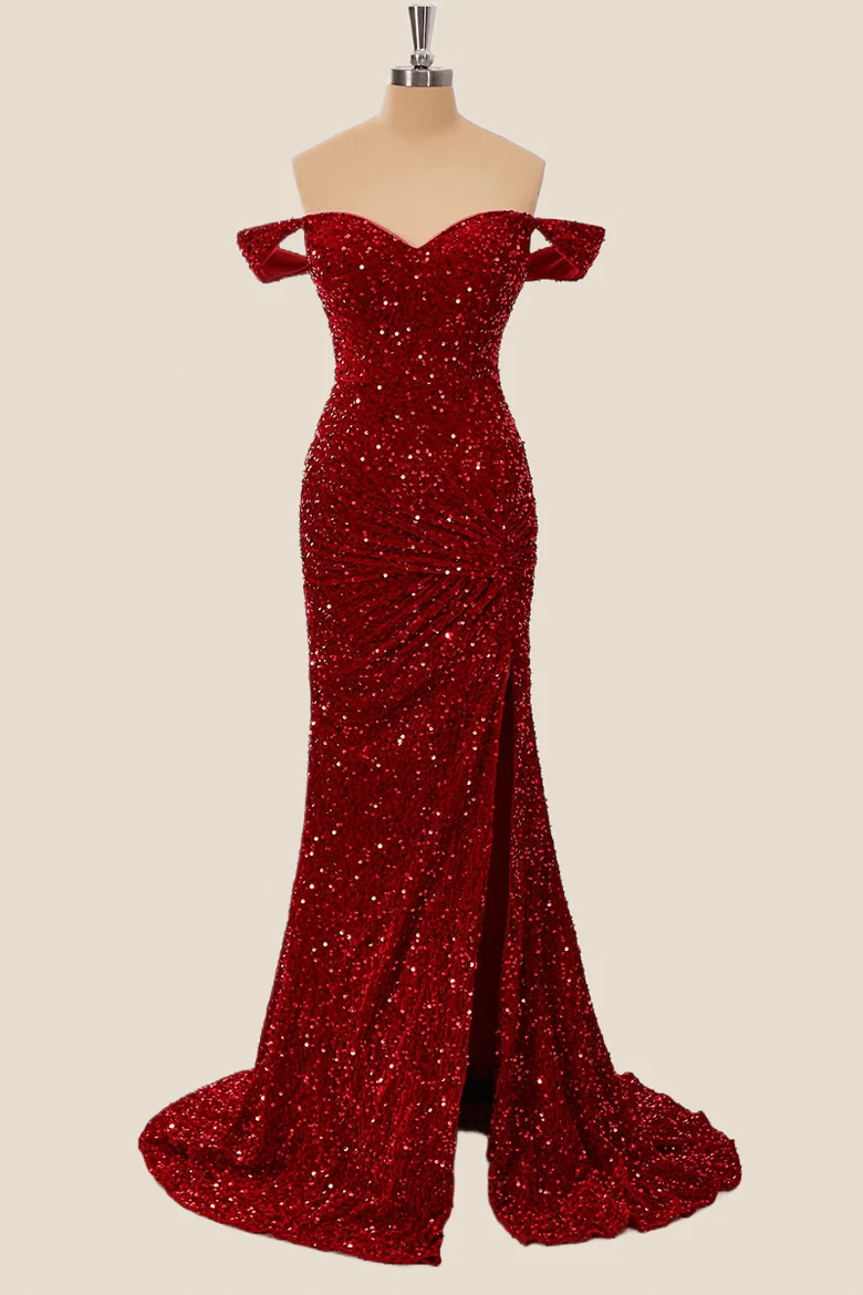 Off the Shoulder Sequin Burgundy Mermaid Prom Dresses Shiny - MyChicDress