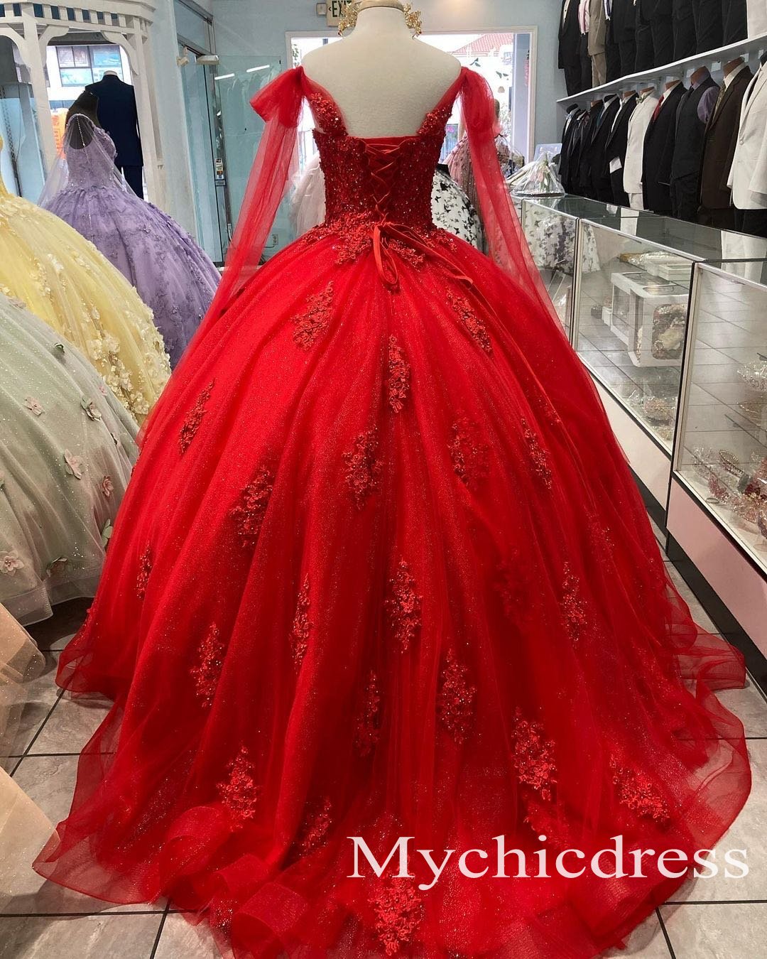 Off Shoulder Sweet 15 Gown Red Quinceanera Dresses 3D Flowers - MyChicDress