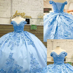Off Shoulder Sweet 16 Dress Sky Blue Quinceanera Dresses Applique with 3D Flowers