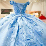 Off Shoulder Sweet 16 Dress Sky Blue Quinceanera Dresses Applique with 3D Flowers