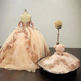 Off the Shoulder Rose Gold Quinceanera Dresses Sparkly Lace Sweet 16 Dress