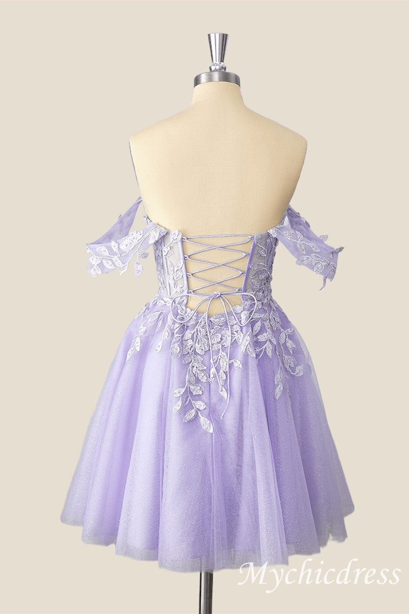 short lavender dama dresses Princess Short Lavender A Line Lace Appliqued Homecoming Dress, Party Dress