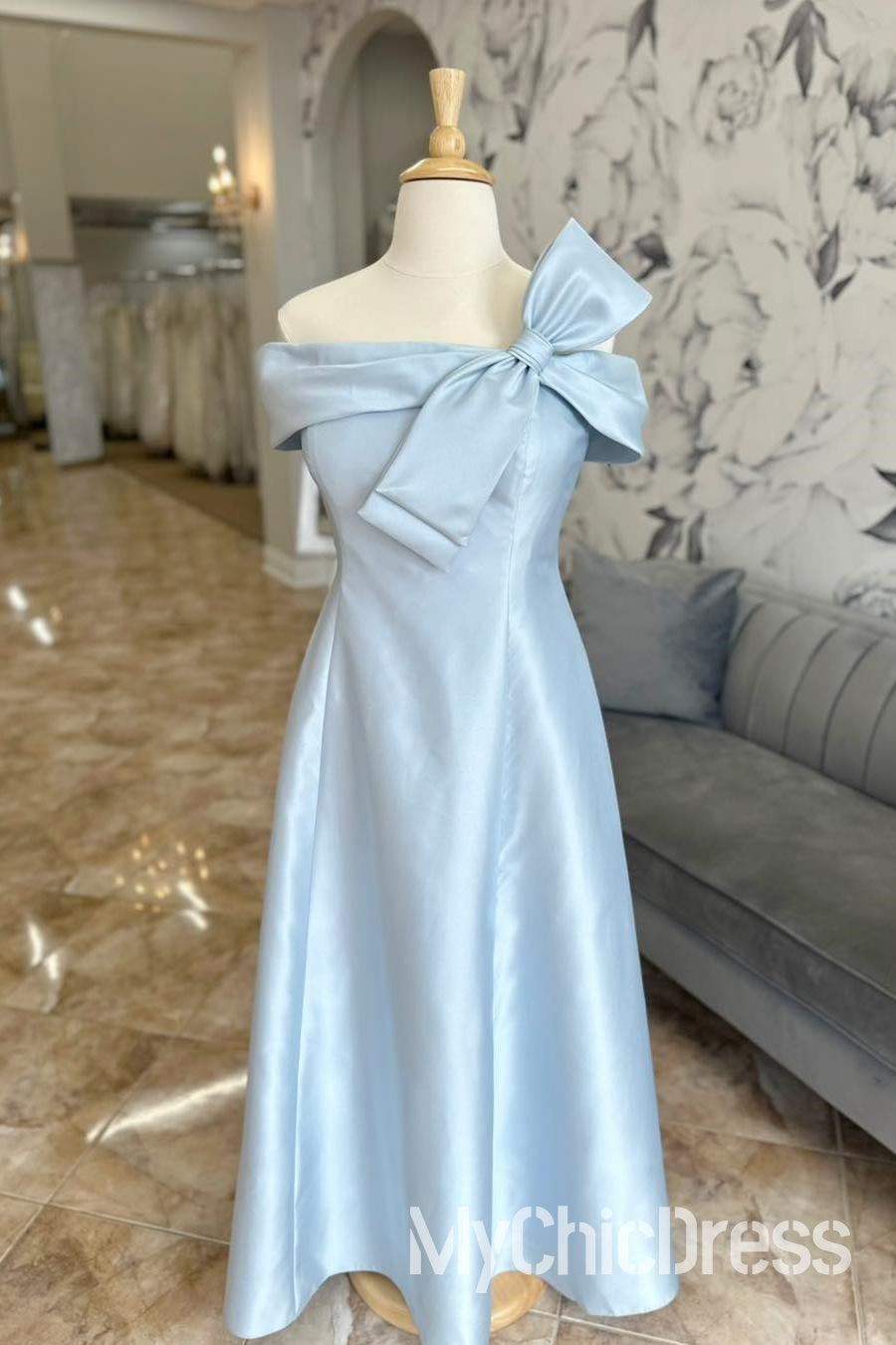 Off Shoulder Light Blue Junior Bridesmaid Dress Satin with Bow