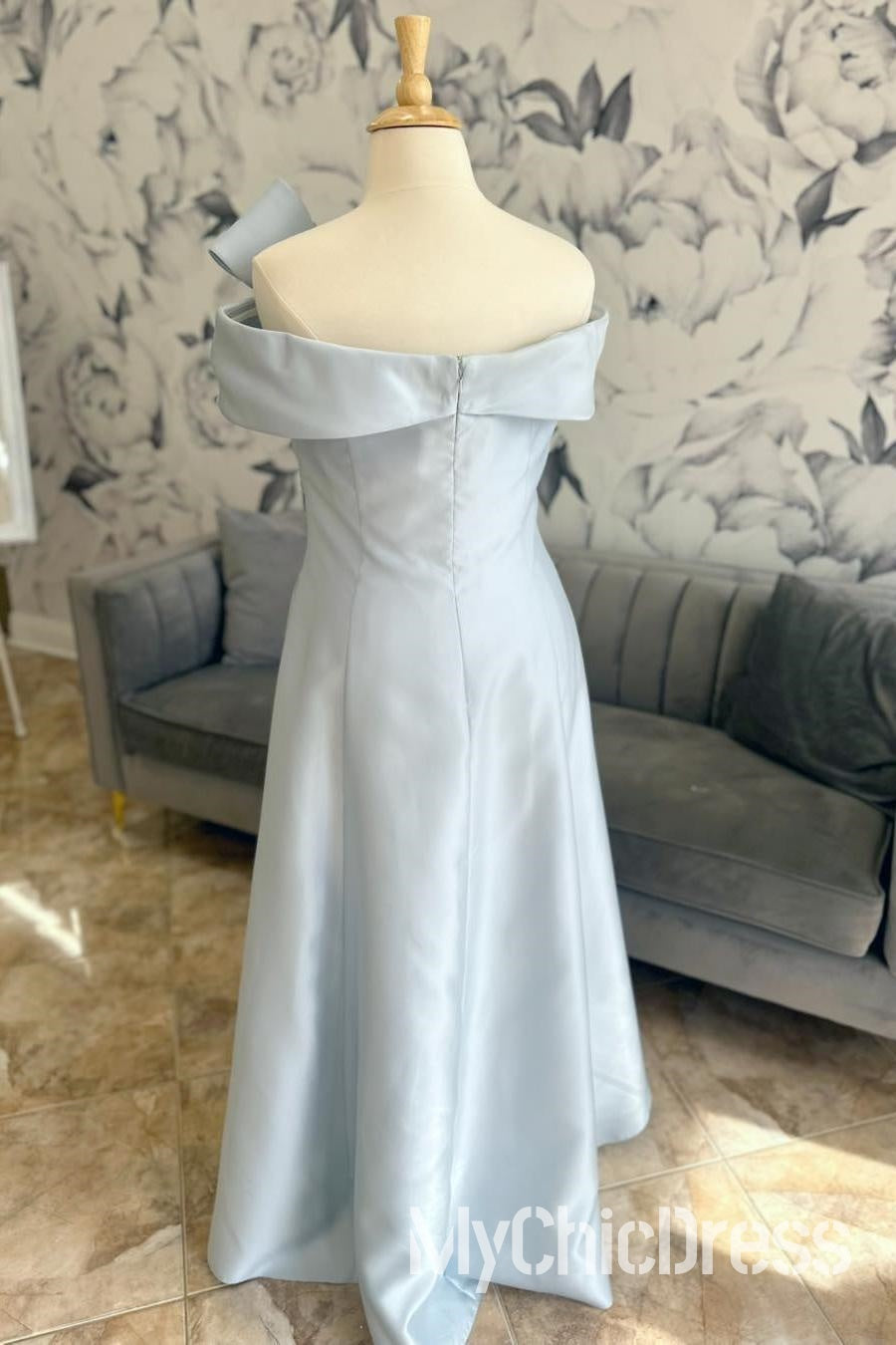 Off Shoulder Light Blue Junior Bridesmaid Dress Satin with Bow