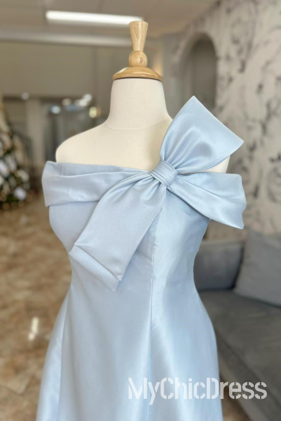 Off Shoulder Light Blue Junior Bridesmaid Dress Satin with Bow