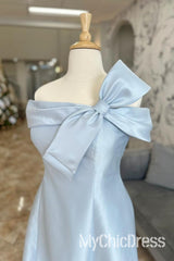 Off Shoulder Light Blue Junior Bridesmaid Dress Satin with Bow