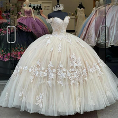 Off The Shoulder Champagne Quinceanera Dress with Lace Appliques - MyChicDress