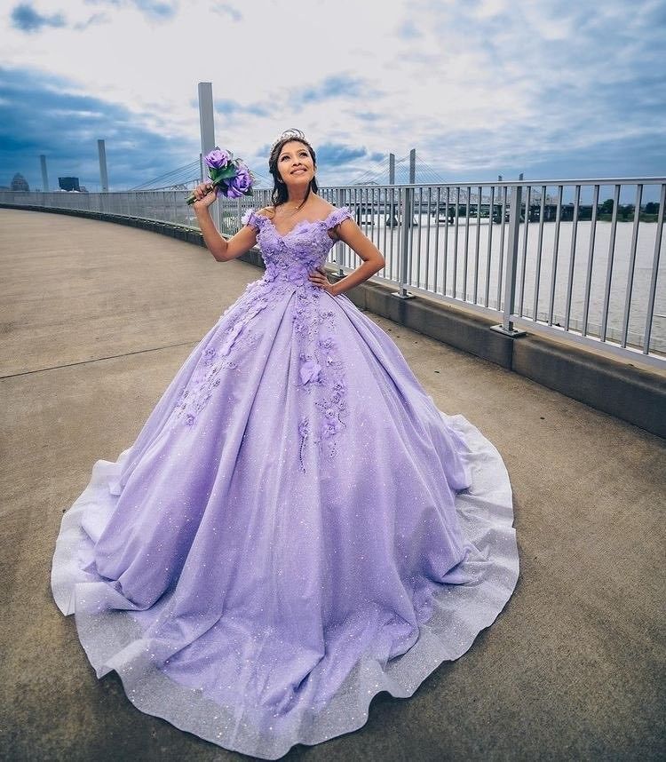 Off the Shoulder Lavender Sweet 16 Sequin 3d Floral Quinceanera Dresses