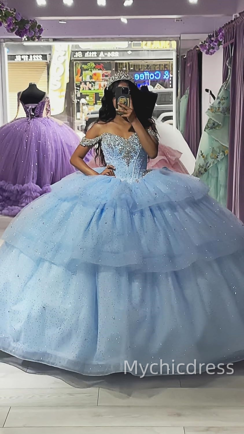 Off the shoulder Blue Quinceanera Dresses Tiered Layered with Beaded Mychicdress
