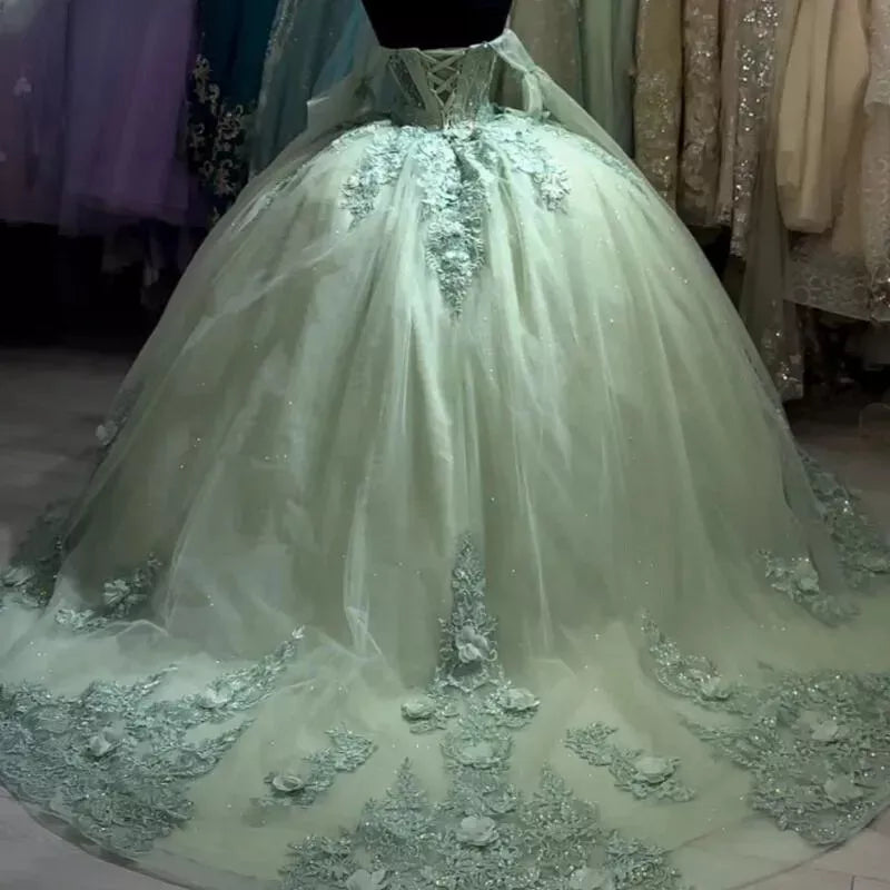 Off the shoulder Long Sleeve Mint Green Quinceanera Dress Ball Gown - MyChicDress
