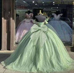 Off the shoulder Glitter Sage Green Quince Dresses Beaded with Bow - MyChicDress