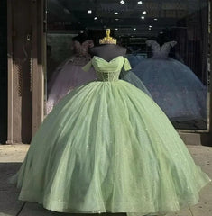 Off the shoulder Glitter Sage Green Quince Dresses Beaded with Bow - MyChicDress