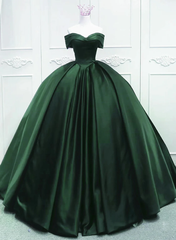 Off the Shoulder Ball Gown Green Satin Quinceanera Dresses