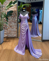 Off the Shoulder Lilac Prom Dresses A-Line with Split