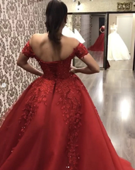 Off the Shoulder Red Wedding Dresses Ball Gown Lace Quinceanera Dresses