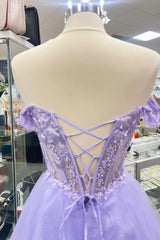 Off the Shoulder Short Lavender Homecoming Dress Lace Appliques