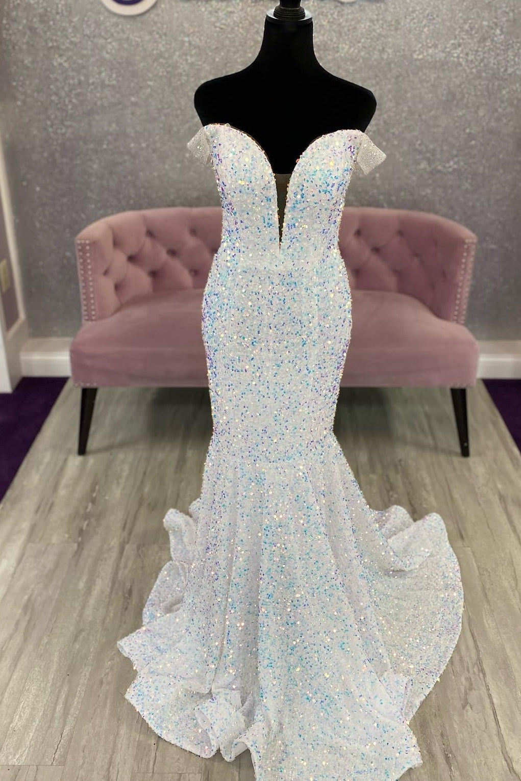 Off the Shoulder White Iridescent Sequin Long Prom Dress Mermaid Formal Dress - MyChicDress