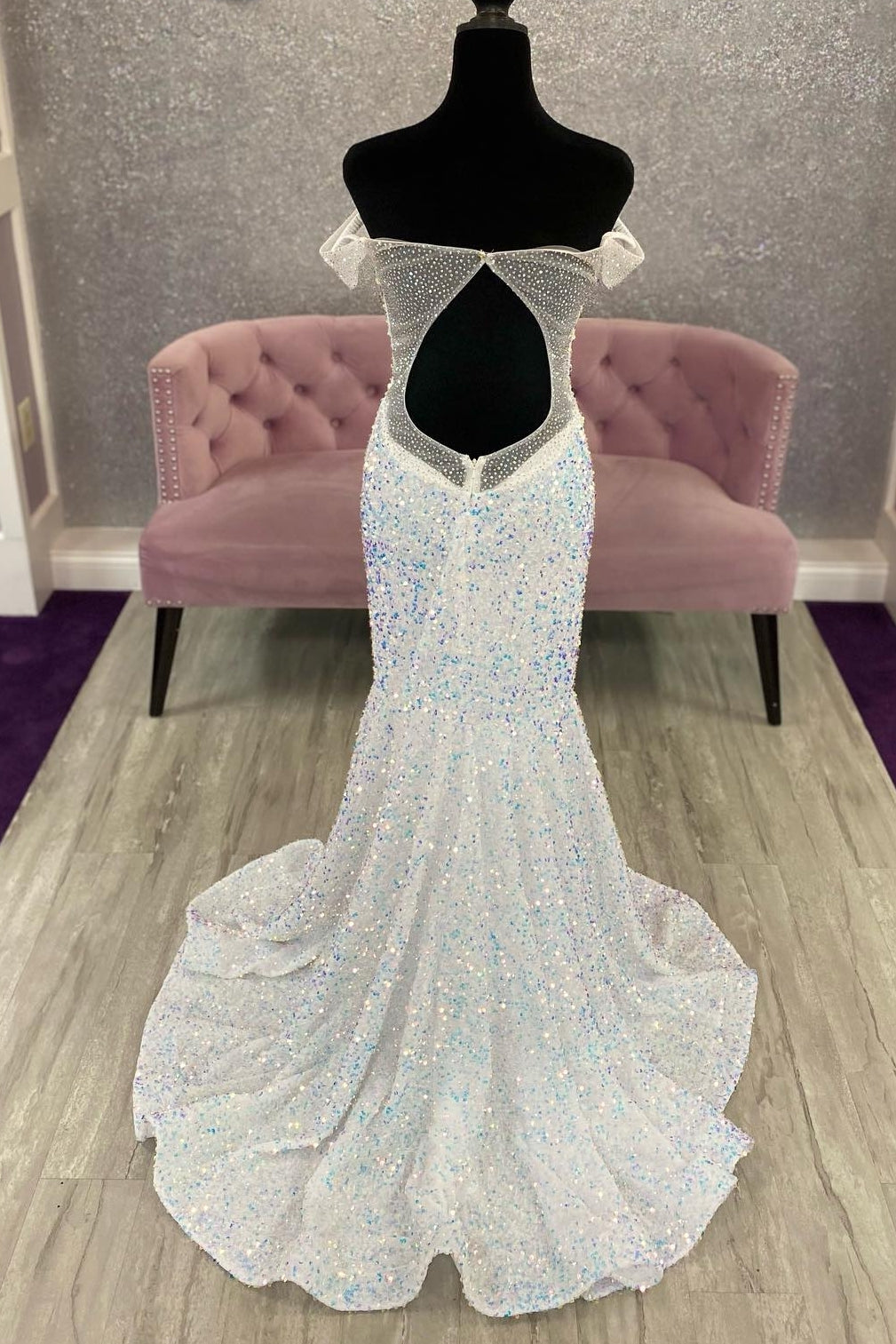 Off the Shoulder White Iridescent Sequin Long Prom Dress Mermaid Formal Dress - MyChicDress