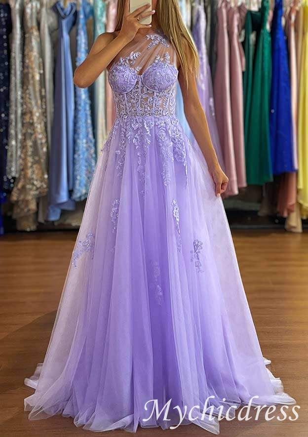 2024 Lace Lavender Prom Dresses