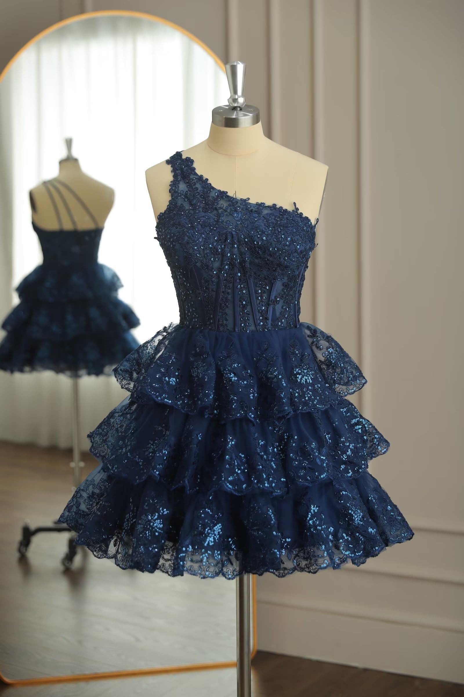 One Shoulder 2025 Dark Navy Homecoming Dress Short Multi-Layers - MyChicDress