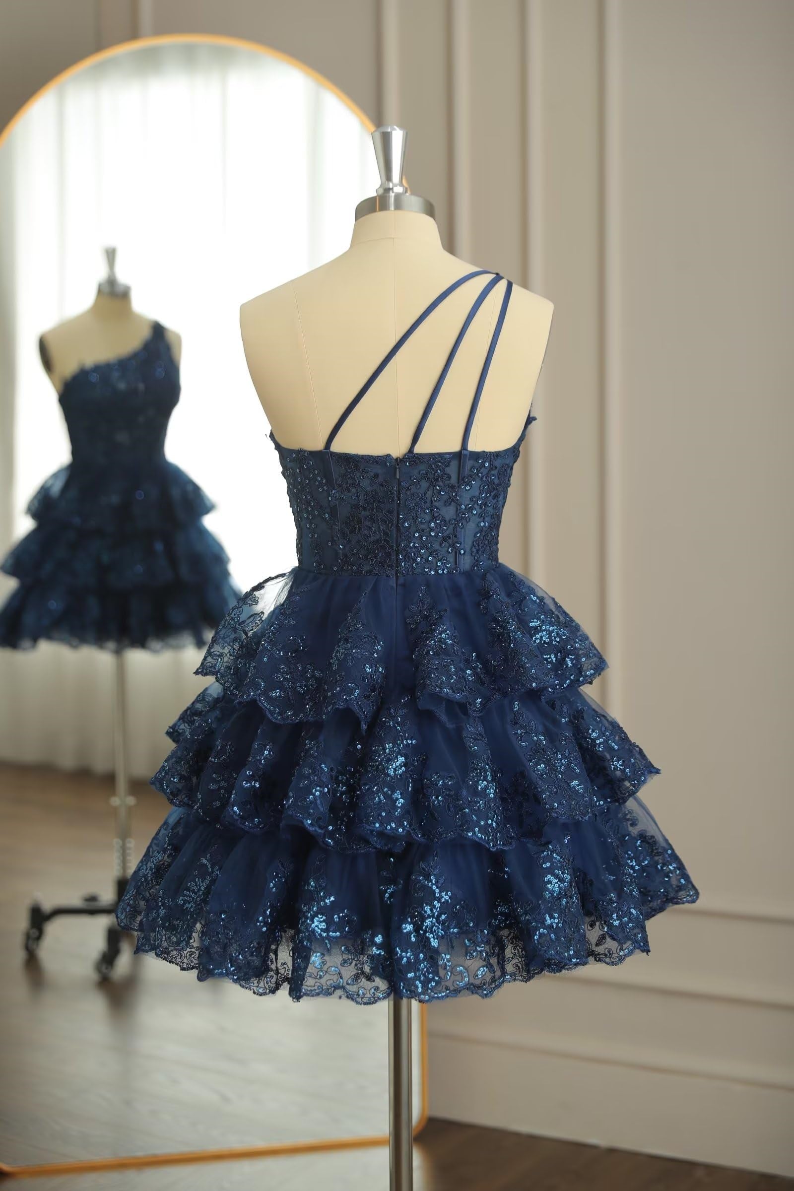 One Shoulder 2025 Dark Navy Homecoming Dress Short Multi-Layers - MyChicDress