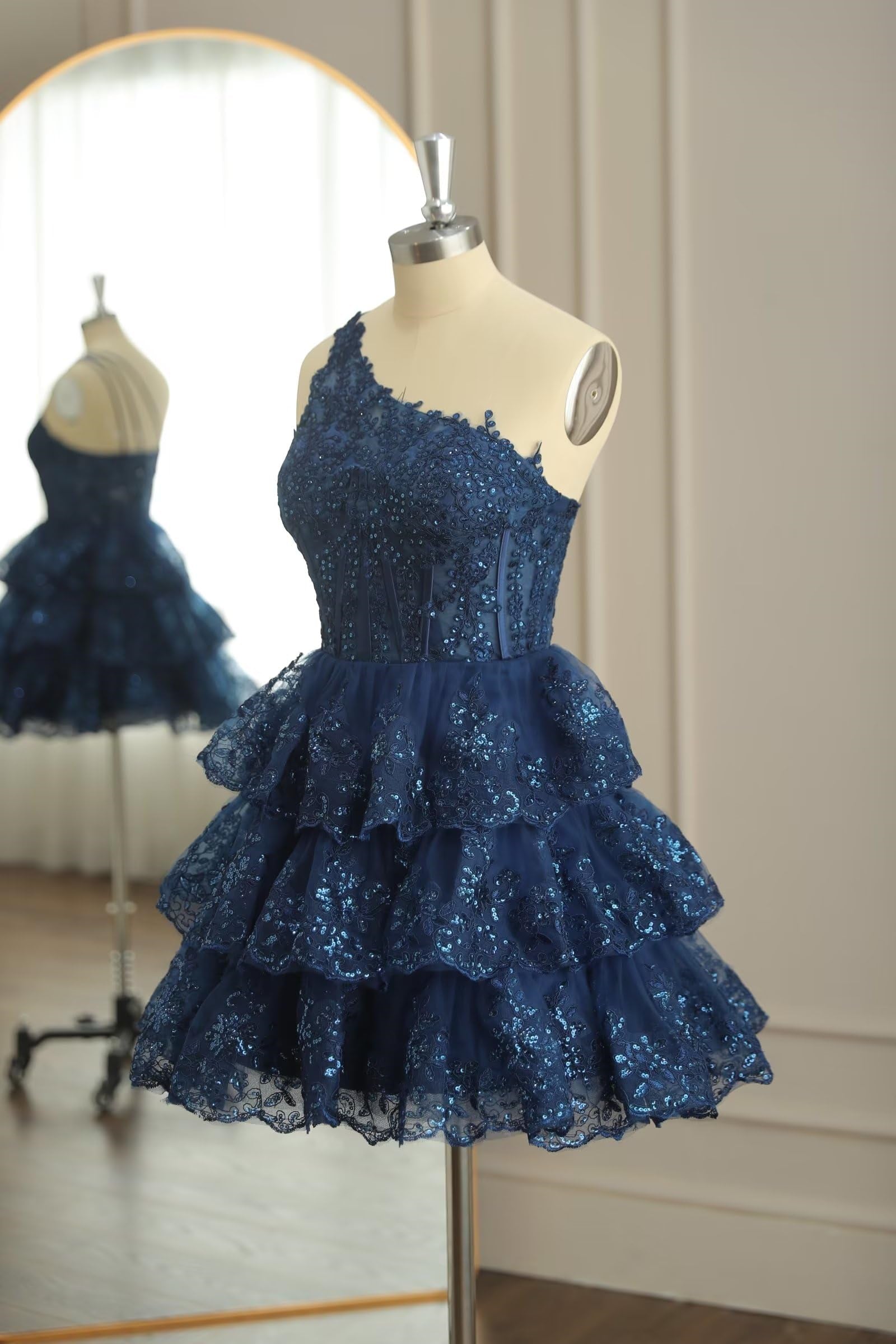 one-shoulder-2024-dark-navy-homecoming-dress-short-multi-layers