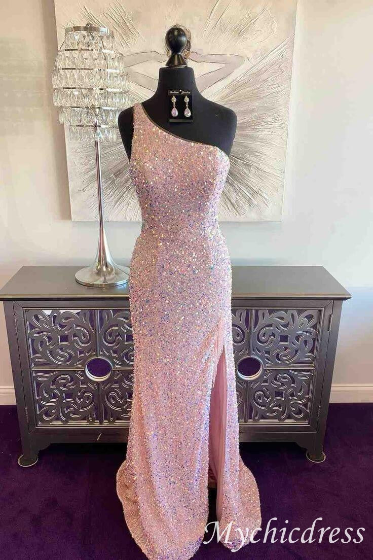 2025 One Shoulder Pink Long Prom Dresses Mermaid Formal Gown - MyChicDress