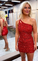 One Shoulder Red Homecoming Dresses Sequin Short Back To School Party Dress