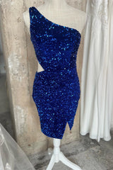 One Shoulder Sequin Homecoming Dress Royal Blue Side Cutout Tight Mini Dress