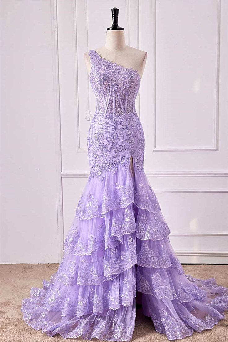 One Shoulder Sequin Violet Purple Prom Dress Tiered Ruffle Mermaid Appliqeus - MyChicDress
