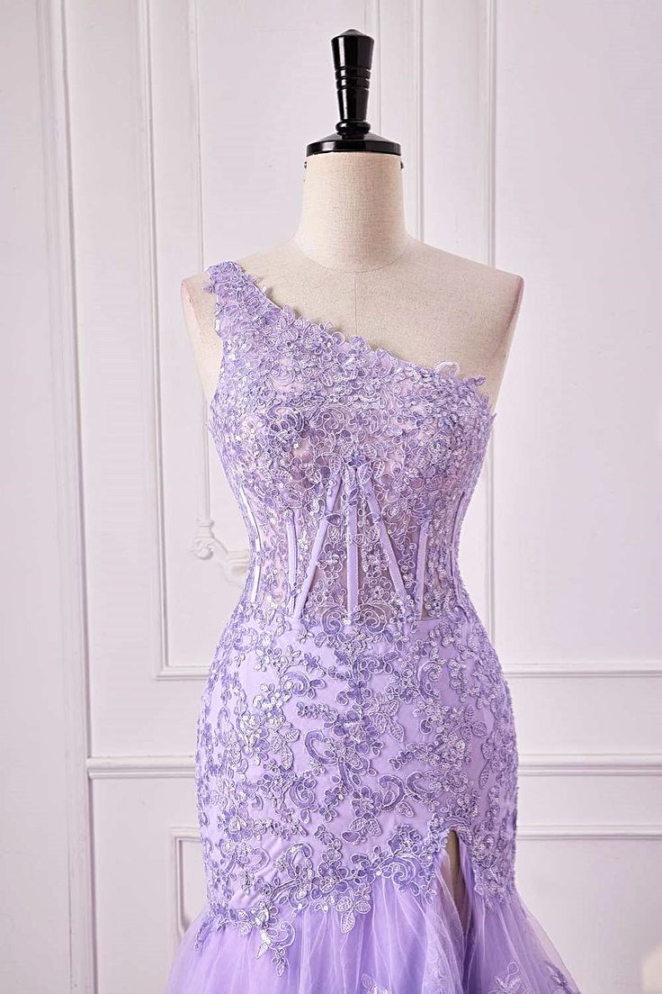 One Shoulder Sequin Violet Purple Prom Dress Tiered Ruffle Mermaid Appliqeus - MyChicDress