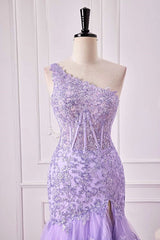 One Shoulder Sequin Violet Purple Prom Dress Tiered Ruffle Mermaid Appliqeus - MyChicDress