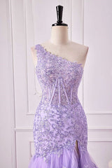 One Shoulder Sequin Violet Purple Prom Dress Tiered Ruffle Mermaid Appliqeus