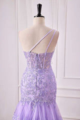One Shoulder Sequin Violet Purple Prom Dress Tiered Ruffle Mermaid Appliqeus - MyChicDress