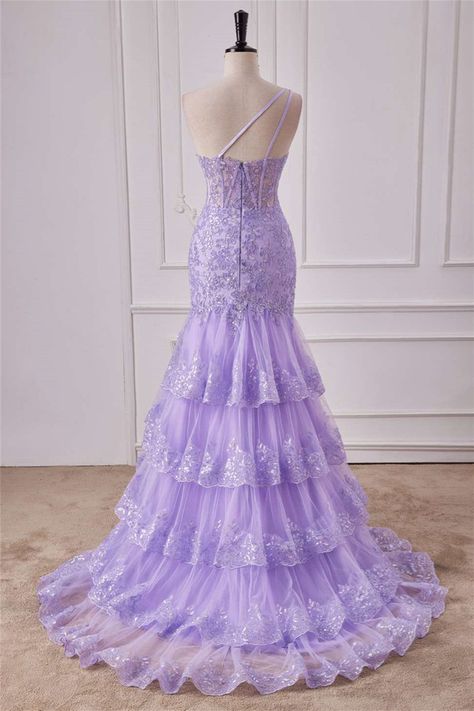 One Shoulder Sequin Violet Purple Prom Dress Tiered Ruffle Mermaid Appliqeus - MyChicDress