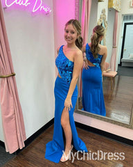 One Shoulder Red Mirror Metallic Prom Dress Sequins with Slit