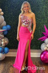 One Shoulder Red Mirror Metallic Prom Dress Sequins with Slit