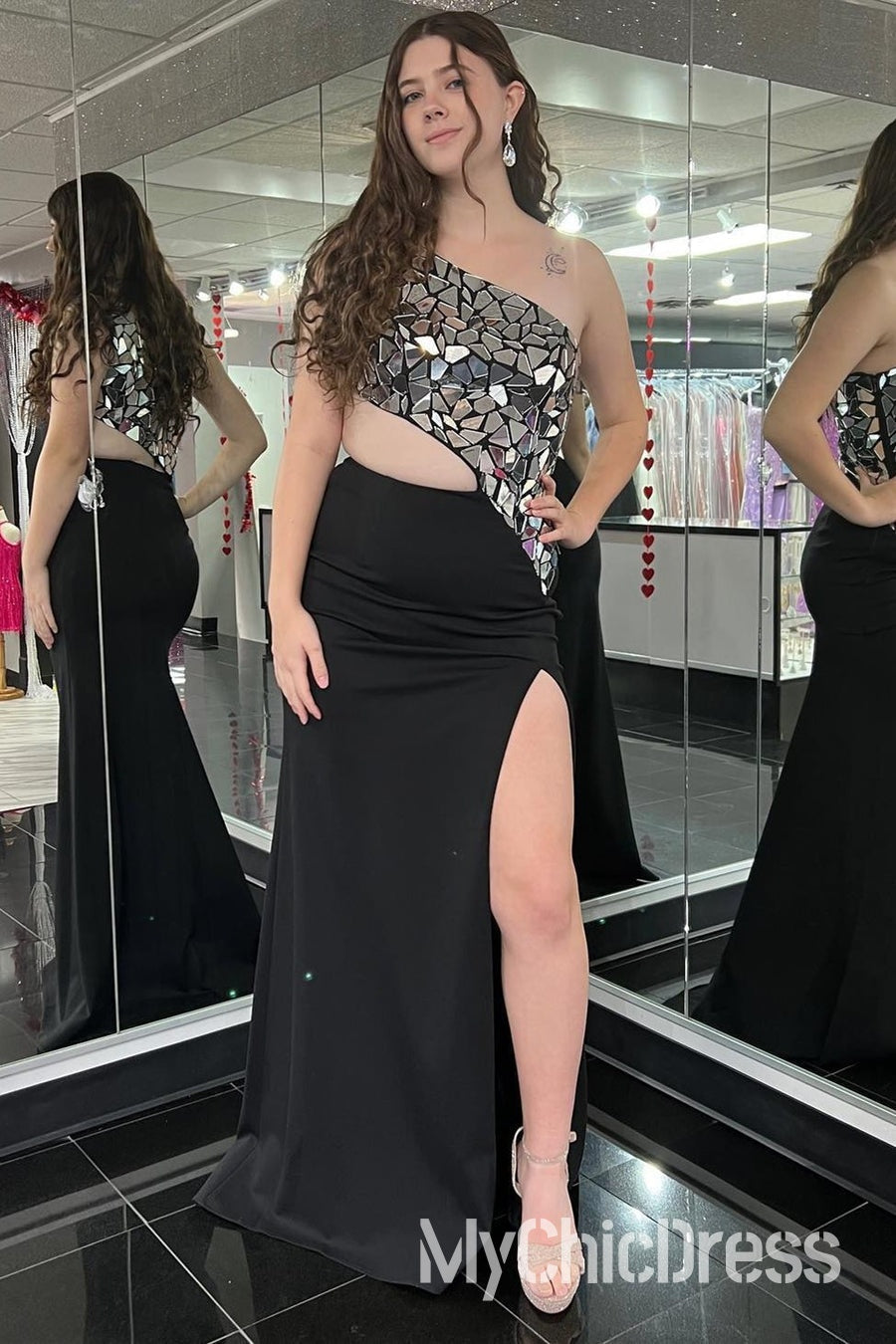 One Shoulder Red Mirror Metallic Prom Dress Sequins with Slit