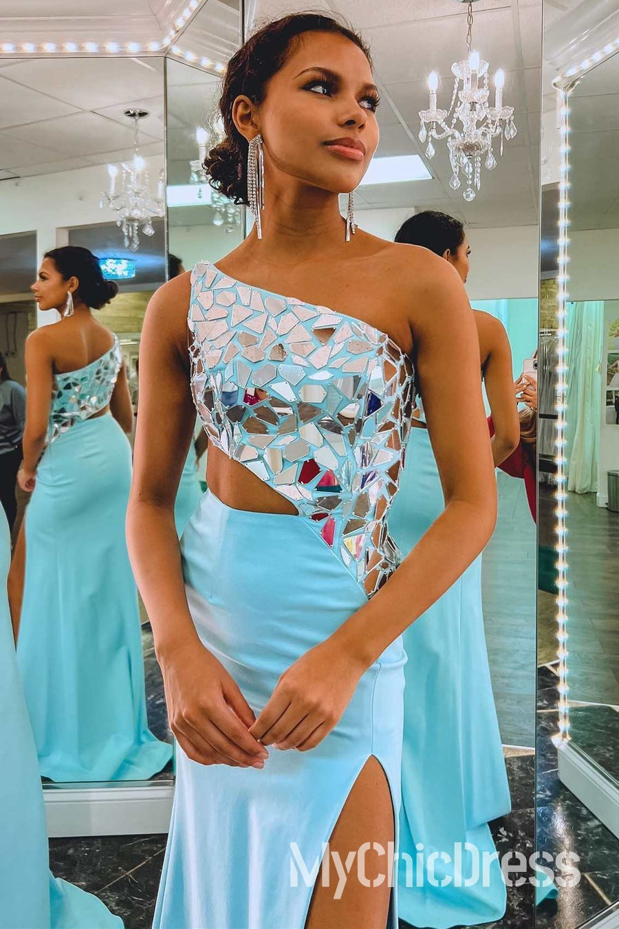 One Shoulder Red Mirror Metallic Prom Dress Sequins with Slit