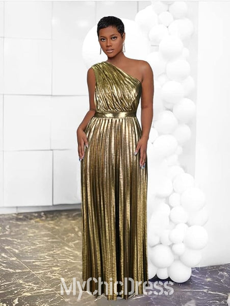 One Shoulder Women Metallic Wedding Guest Dress Pleated Sleeveless