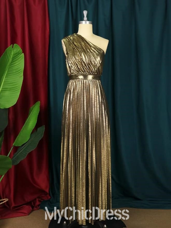One Shoulder Women Metallic Wedding Guest Dress Pleated Sleeveless