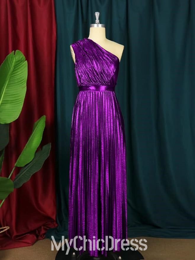 One Shoulder Women Metallic Wedding Guest Dress Pleated Sleeveless