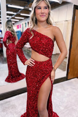 2025 One shoulder Sequins Burgundy Prom Dress Long Evening Dress uk - MyChicDress