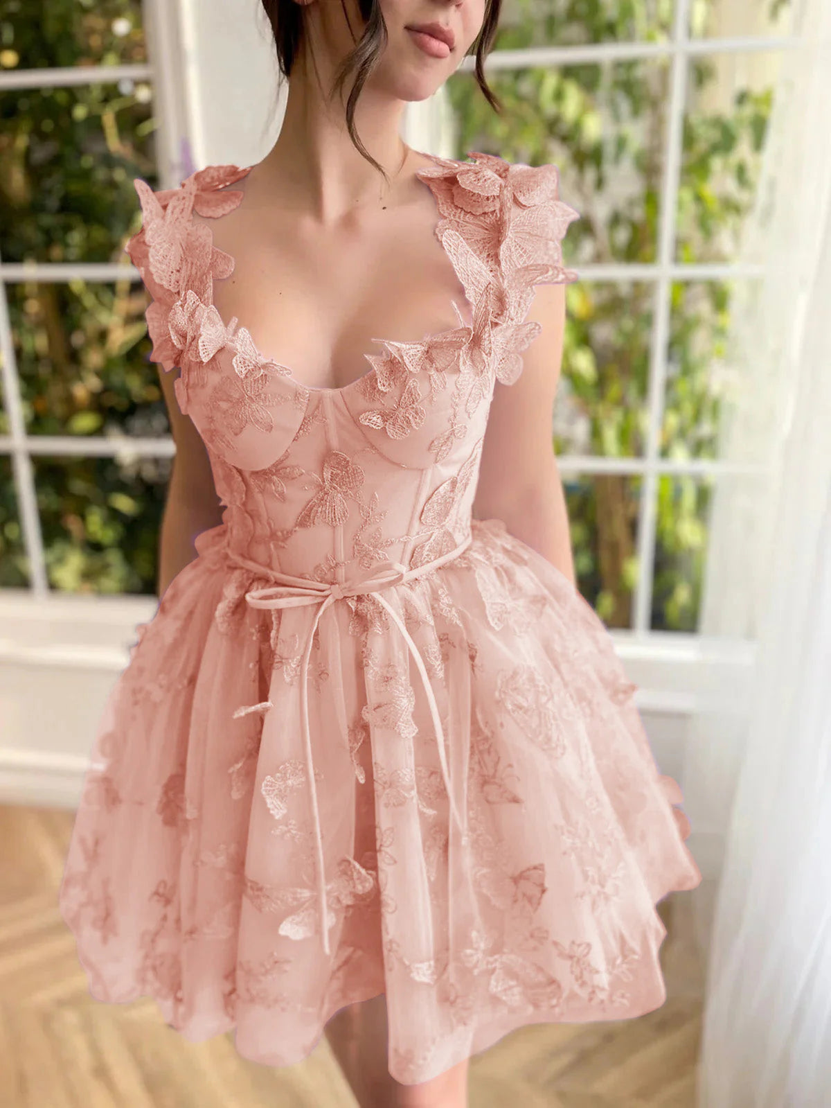 A-Line Cheap pink Homecoming Dress Corset With Butterflies