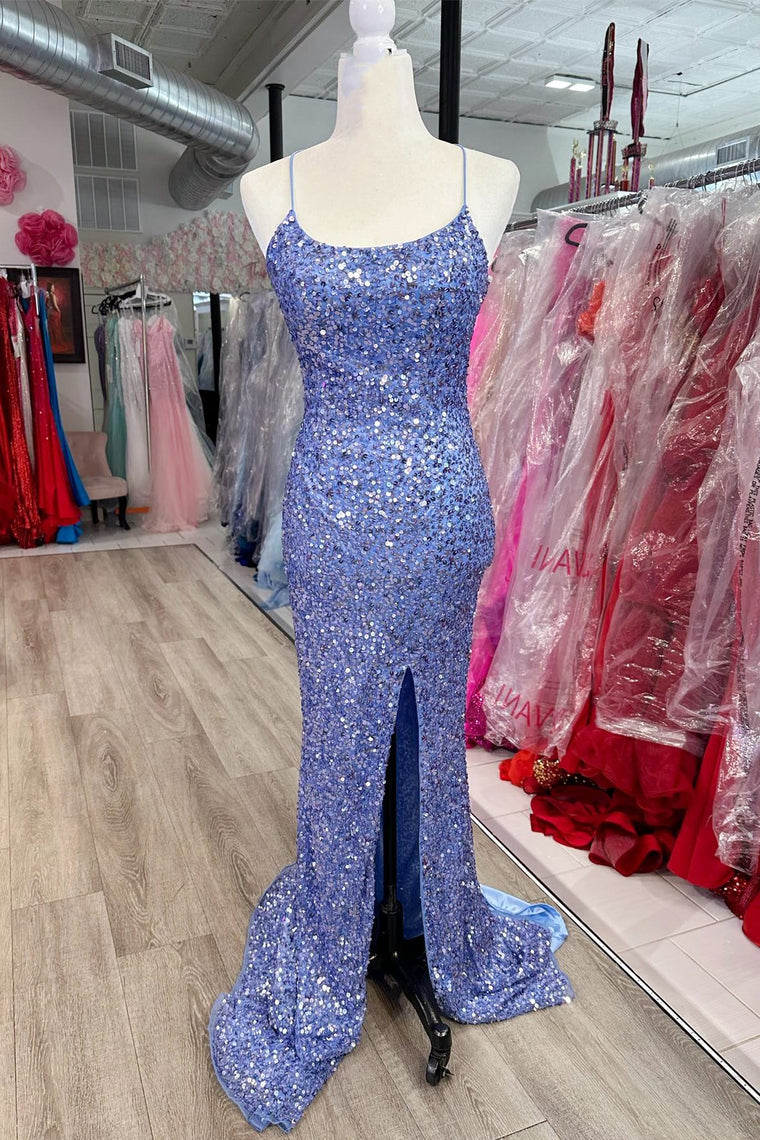 Long Mermaid Navy Blue Sequin Prom Dresses Straps Lace-Up - MyChicDress